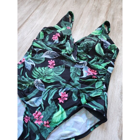 Kona Sol Tie Front Tummy Control One Piece Swimsuit Full Coverage Floral Sz 18 - Picture 3 of 9